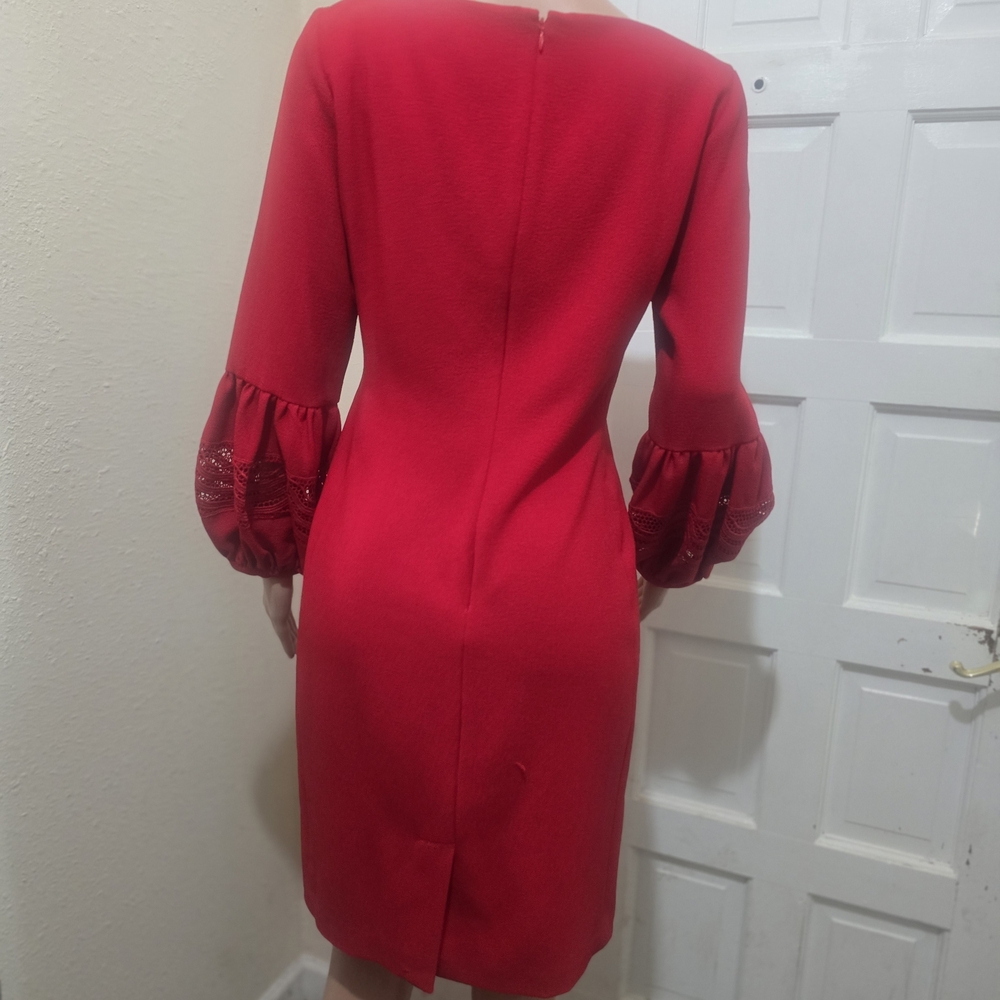 Karl Lagerfeld Red Long Sleeve Shift Dress with Lace-Trim Sleeves - Picture 8 of 8